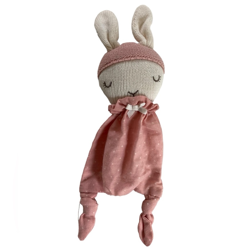 TJX Europe Knit Bunny Rabbit Lovey Security Blanket White Pink Plush Knotted 12"
